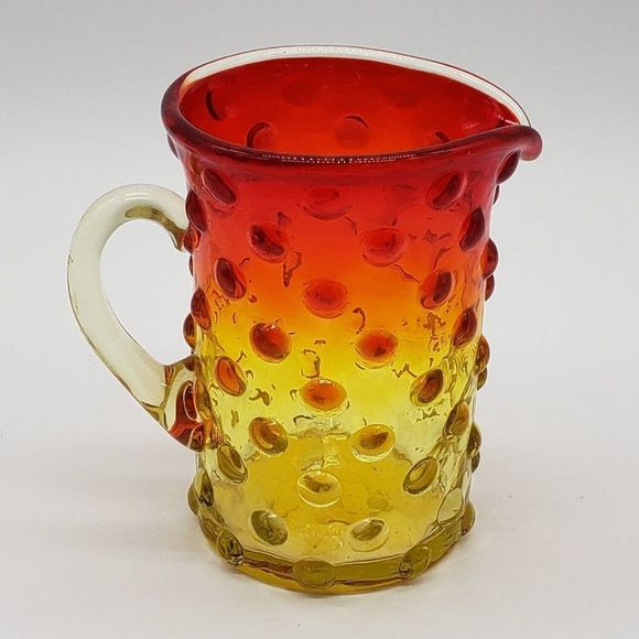 Mini Amberina Vintage Hand Blown Hobnail Glass Pitcher or Vase w/Applied Handle - Picture 9 of 14